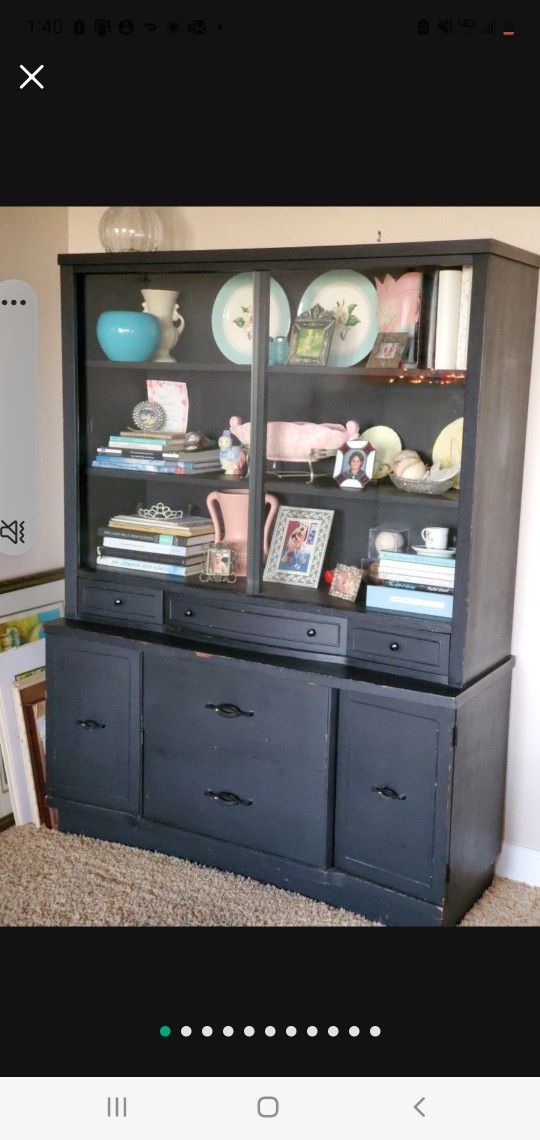 Mid Century Modern Black Wood Hutch/ China Cabinet