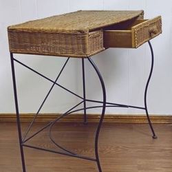 1960s-70s Wicker + Iron Vanity Desk Table 29×27