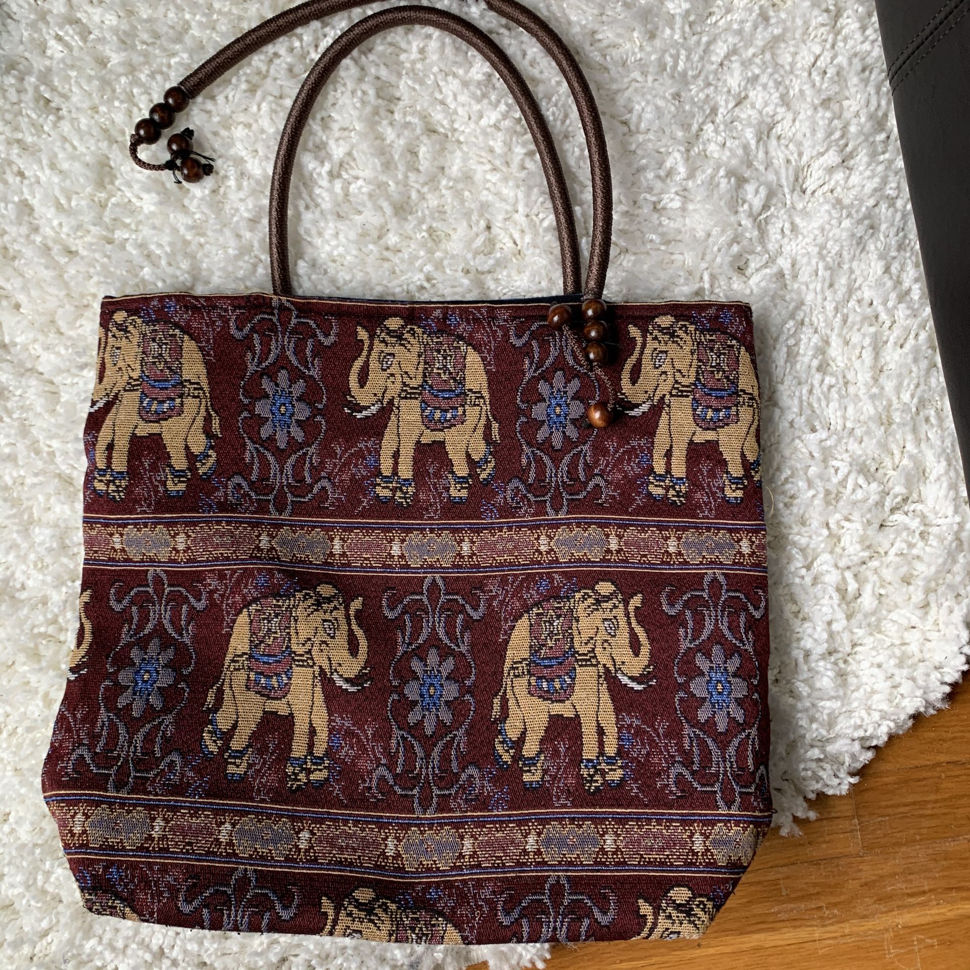 Maroon red gold elephant embroidered tote bag