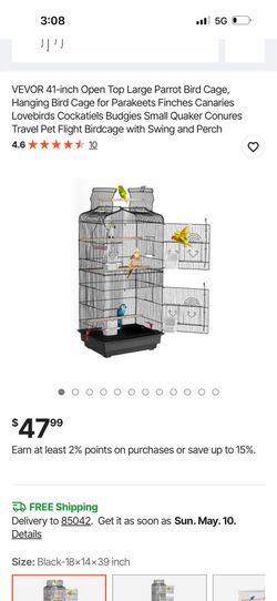 VEVOR 41-inch Open Top Large Parrot Bird Cage, Hanging Bird Cage for Parakeets Finches Canaries Lovebirds Cockatiels Budgies Small Quaker Conures