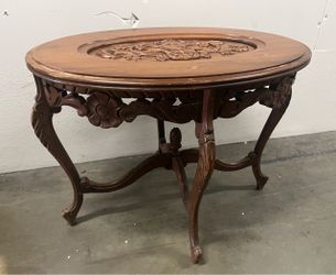 Carved Antique Oval Accent Side Table with Glass Top Serving Tray, Renaissance Revival