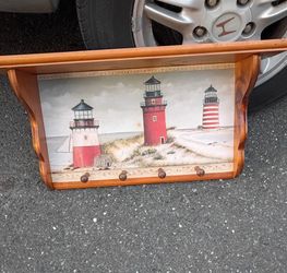 Nautical / Beachy Lighthouse Wooden Shelf with hat, coat hangers on it
