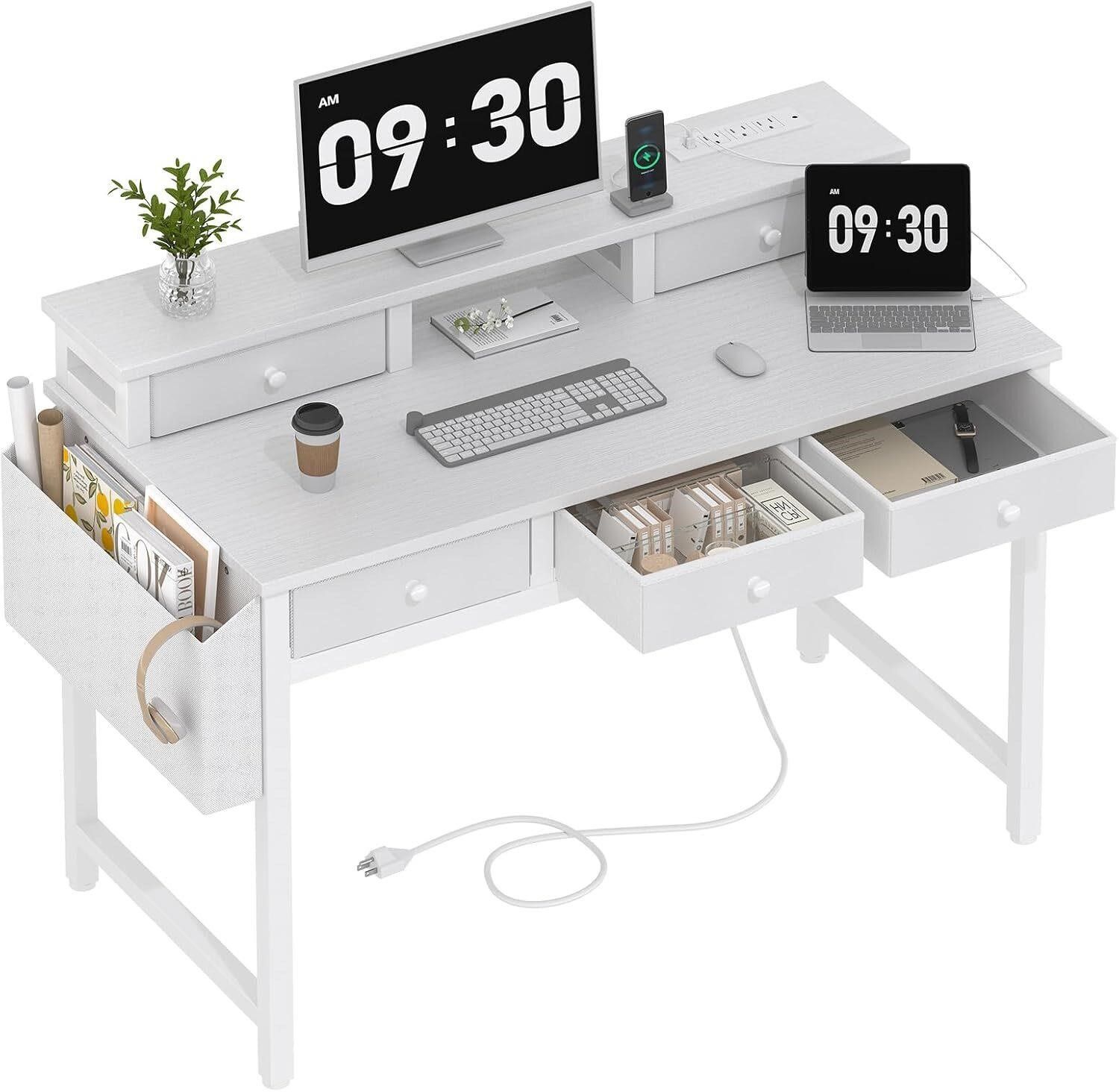 New Lufeiya White Computer Desk w/ Fabric Drawers