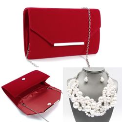 FASHION BEAUTY FABULOUS SEXY RED CLUTCH PURSE BAG PEARLS NECKLACE EARRINGS JEWELRY MATCHING SET GIFT FOR HER WOMAN WOMEN WIFE MOM BIRTHDAY PARTY