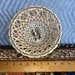 Vintage Hand Painted Reticulated Porcelain Rooster Bowl From Portugal