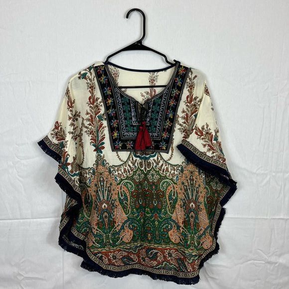 Paisley Print Embroidered Poncho Top Sz M