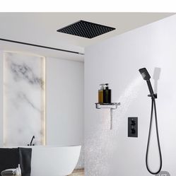 16" Thermostatic Shower System With Handheld Shower In Matte Black Solid Brass sh36