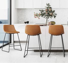 Modern Faux Leather Upholstered Bar Stools Set of 3 Metal Frame Counter Height Bar Stools - Whiskey Brown - 24 in. - Counter Height