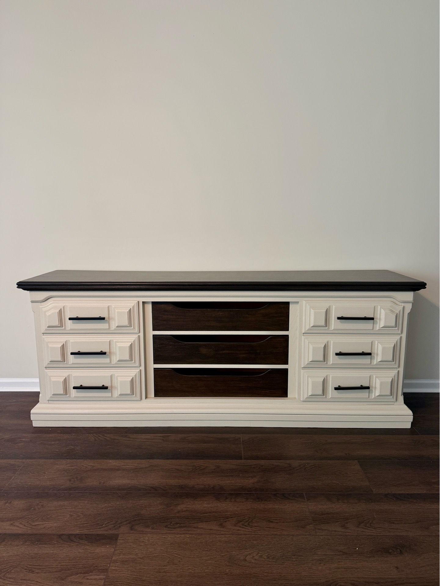 Large light grey dresser/ entertainment center with dark walnut top