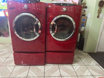 OBO  GE Cherry Red Front Load Washer & Gas Dryer w/ Pedestal Drawers – Excellent Condition – Original Owner