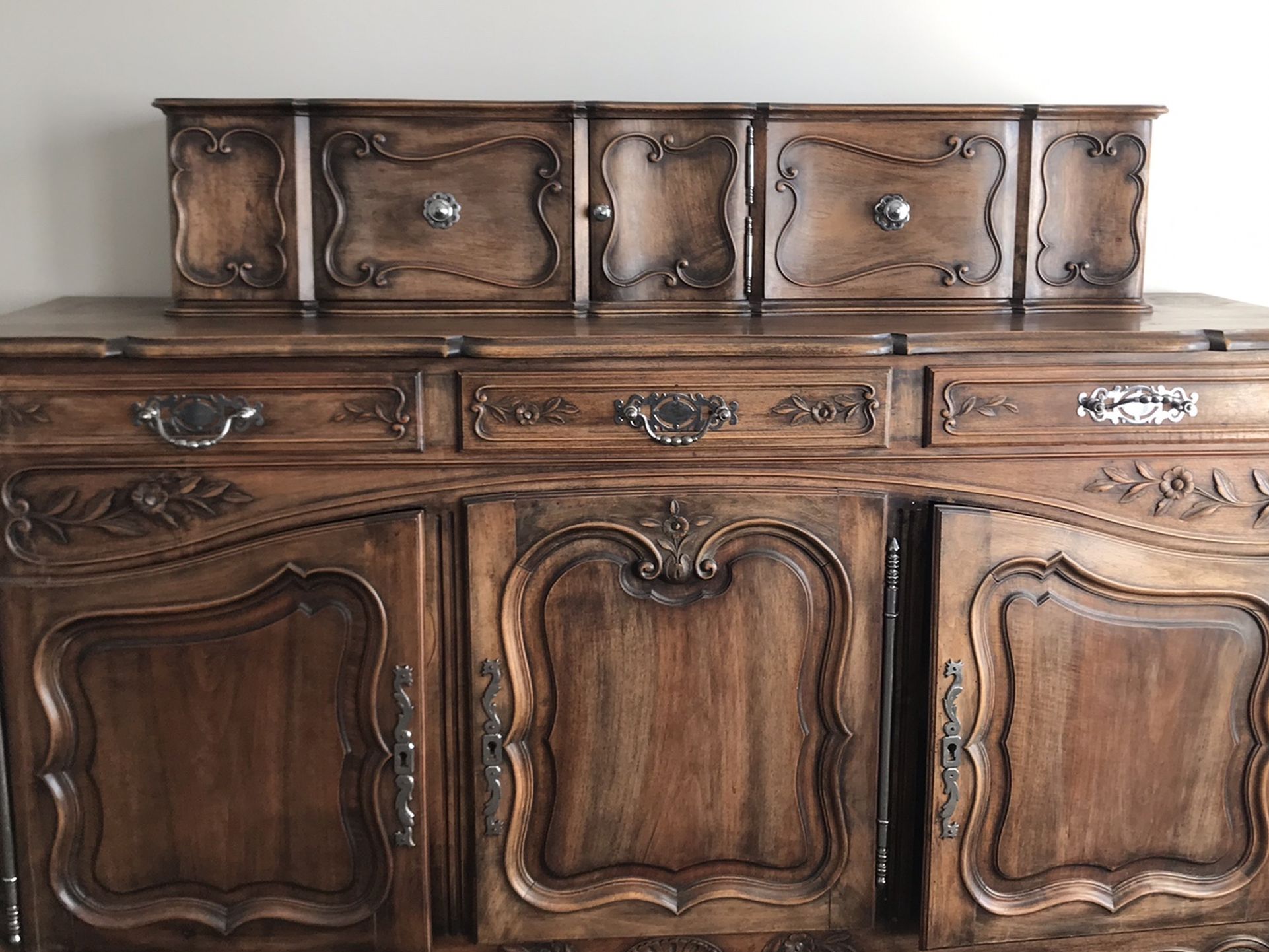Gorgeous Carved Wood Cabinet & Hutch With Silver Detail