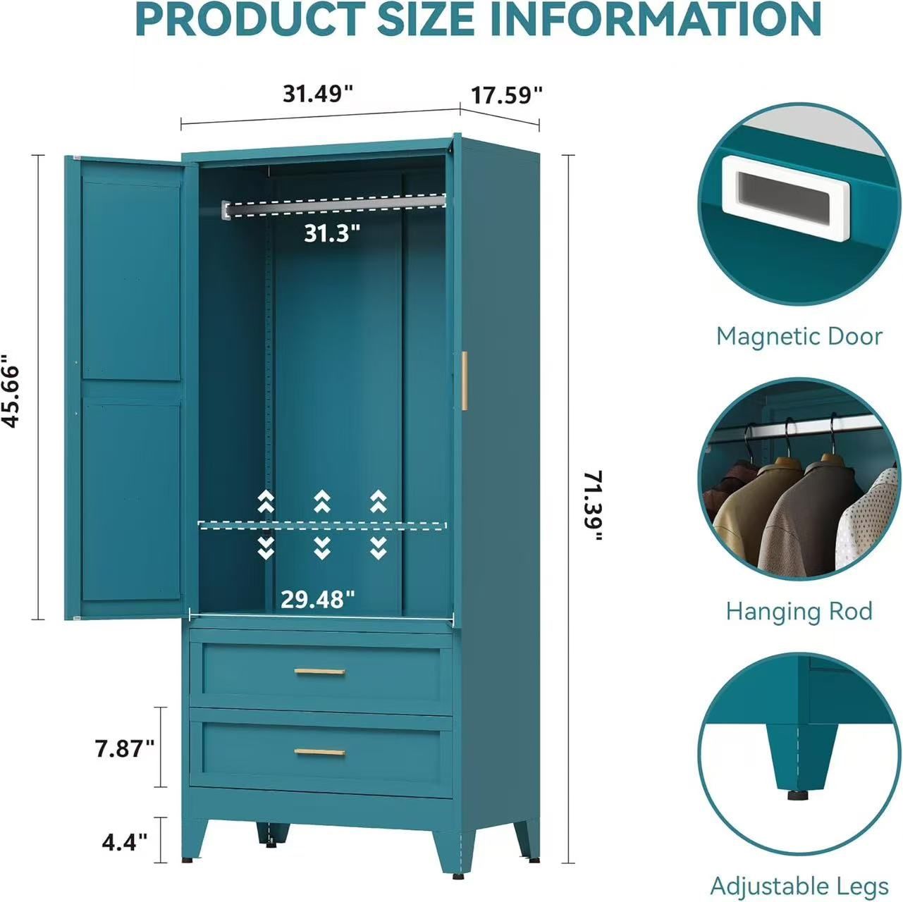 🥨Metal Wardrobe Cabinet with Hanging Rod, 71" Armoire Wardrobe Closet with 2 Drawers,Farmhouse Metal Clothing Storage Cabinets with Door