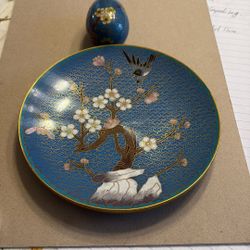 Japanese Cloisonne Egg and Plate Matching Cherry Blossom Enameled Bronze