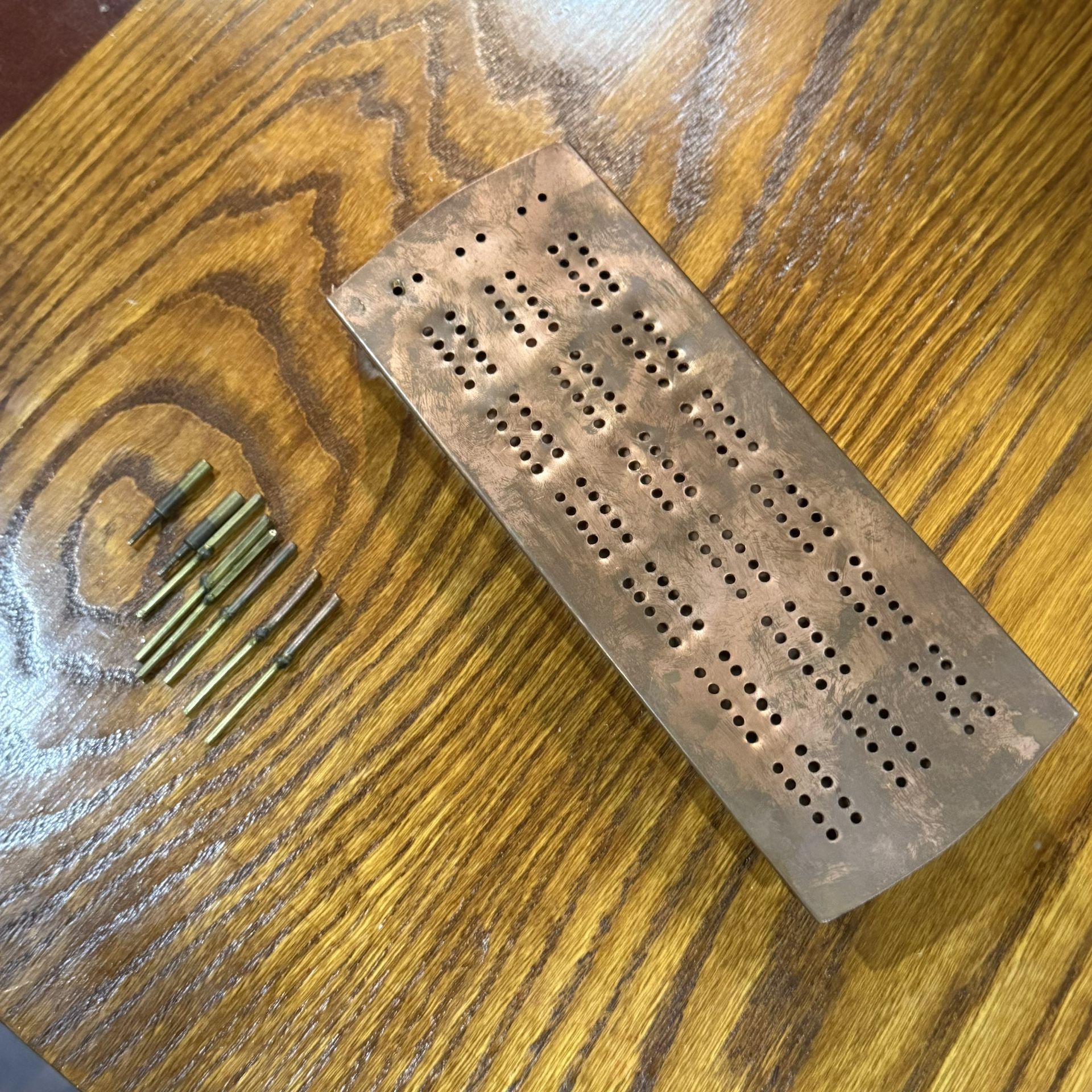 Vintage Copper Cribbage Board with Sliding Lid & Brass Pegs • Rustic Patina