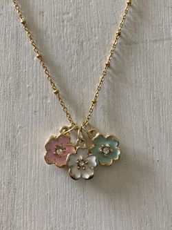(NEW) Cherry Blossom Flowers Enamel Charms Gold Necklace