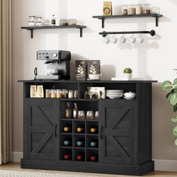 YITAHOME Farmhouse Buffet Cabinet with Storage, 47" Sideboard with 2 Floating Shelves, Power Outlet, Adjustable Storage Shelves, Coffee Bar Wine Cabin