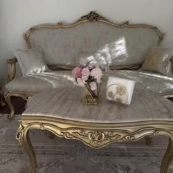 Elegant Gold Living Room Set – Sofa, Chairs & Marble Tables