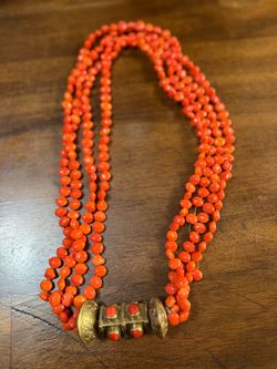 vintage orange coral beaded necklace with brass hardware