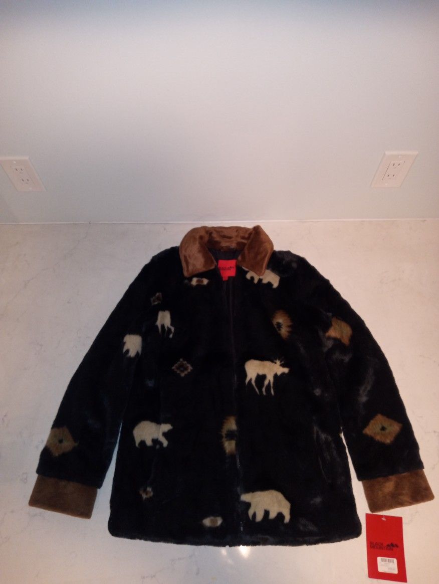 New Black Mountain Men’s Moose & Bear Faux Fur Fleece Jacket