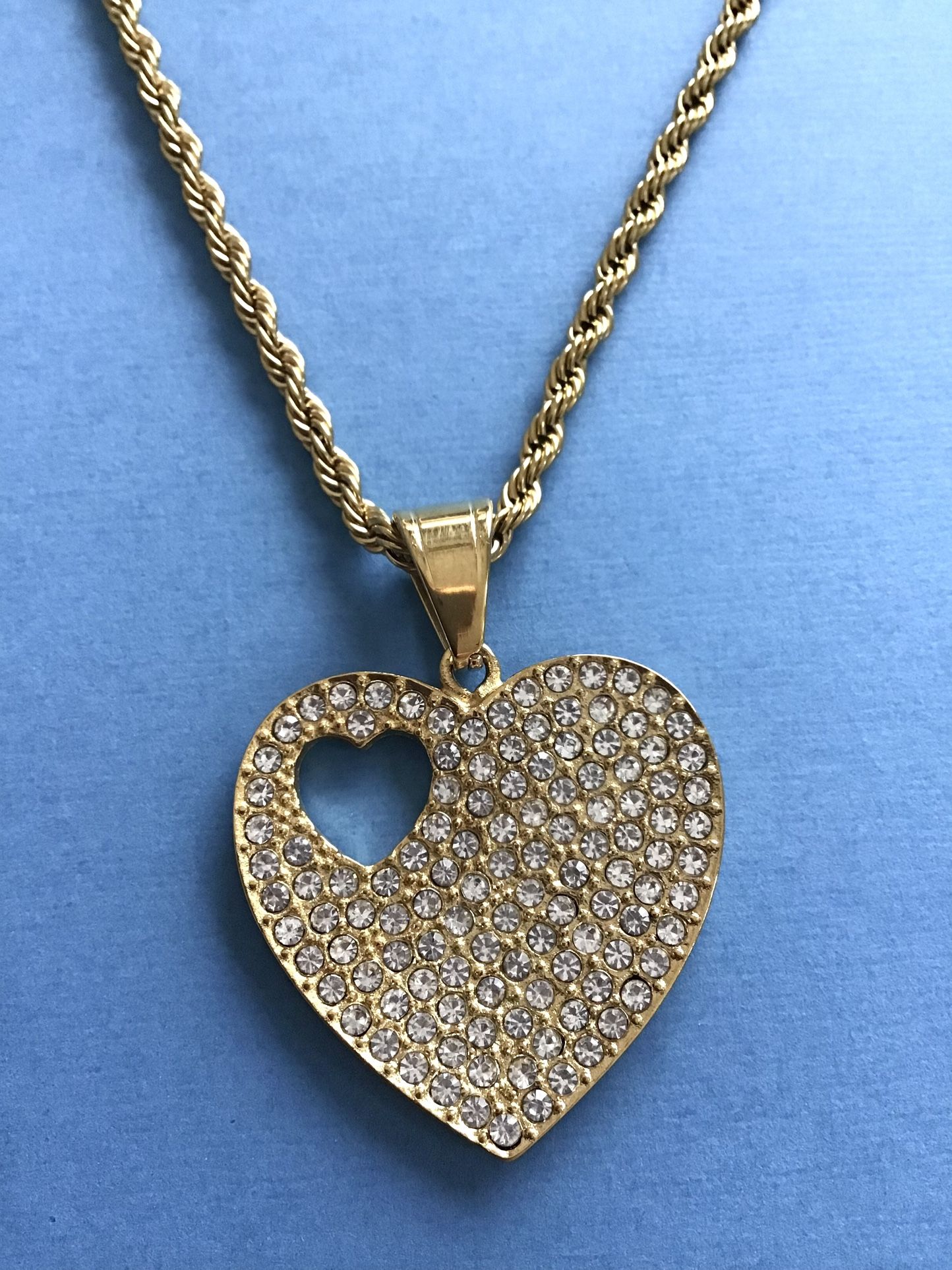 Ladies Sparkling Heart Pendant with Chain- Gold Bonded On Stainless Steel *Ship Nationwide Or Pickup Boca Raton