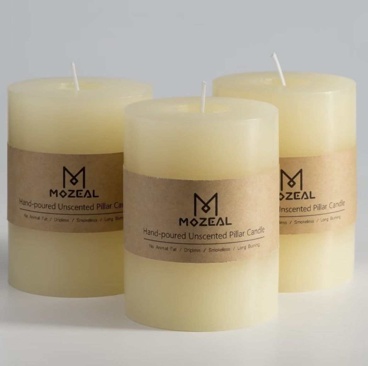 MOZEAL 3" x 4" Hand-Poured Unscented Candle,Dripless Pillar Candle Set of 3,Long Clean Burning,Approx 72 Hours Burn Time,Rustic Country Style,Wedding,