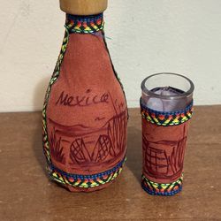 Mexico Souvenir Covered Liquor Bottle w/ Cork & Leather-Wrapped Shot Glass