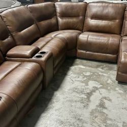6PC Top Grain Leather Power Sectional with Chaise