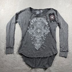 Y2K Affliction Women’s S Gray Rhinestone Cross Long Sleeve Shirt Goth EMO NWT#8F