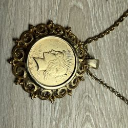Gold Plated 1922 Silver Peace Dollar Pendant Necklace 