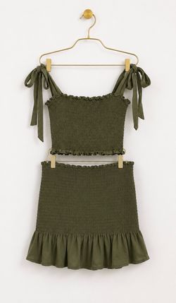 Olive Green Smocked Two-Piece Crop Top & Ruffle Mini Skirt Set