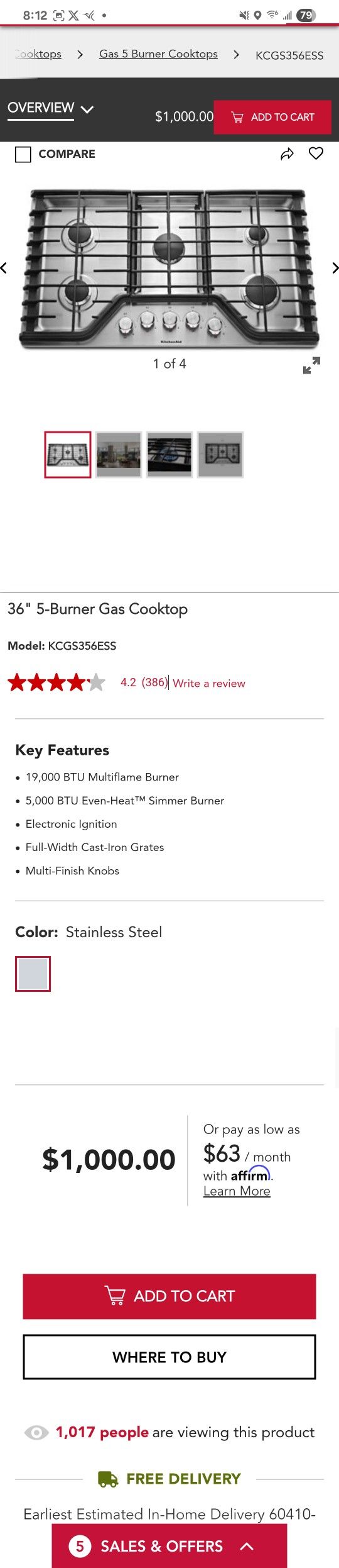 36" Cooktop Kitchen Aid