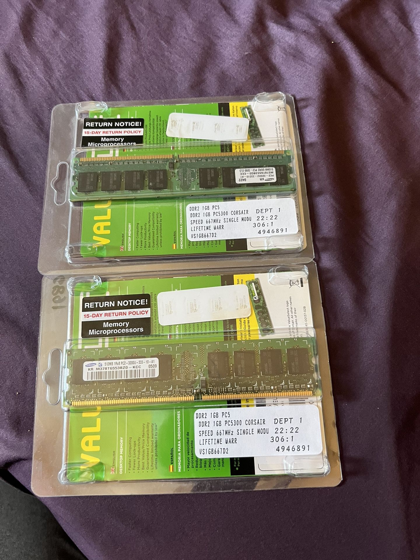 2- 1 Gig Sticks DDR 2 Desktop Memory