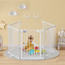  Gate 27.5"-129" Extra-Wide Playpen, Play Yard Child Safety Fence, Dog Gate with Auto-Close Door, Double Locking System for Fireplace, Foldable 5 Stee