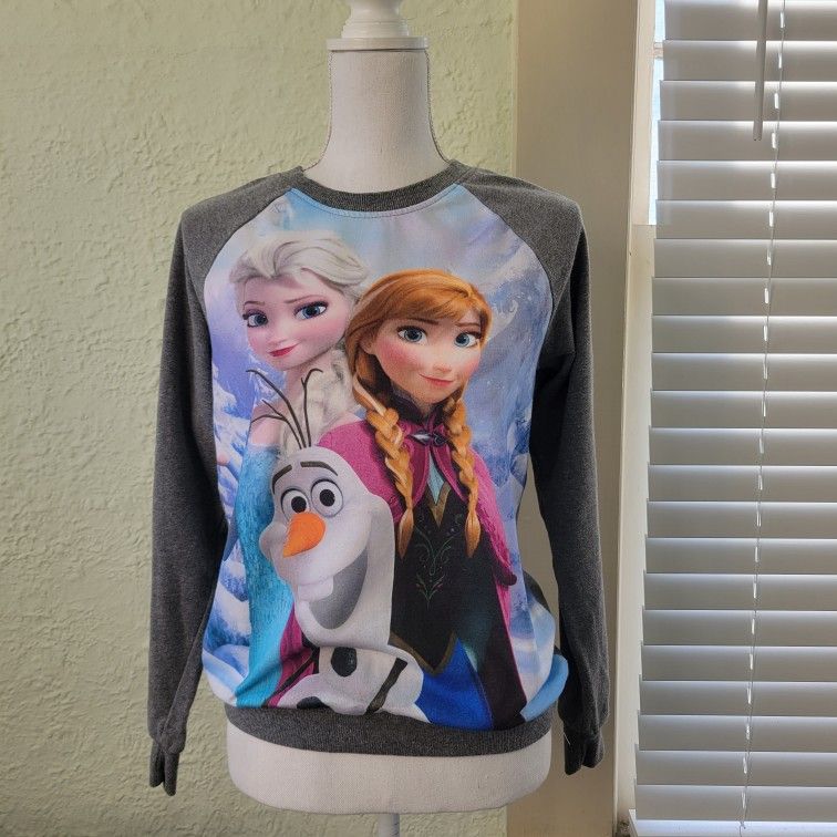 DISNEY FROZEN Elsa Anna Olaf Gray Long Sleeve sweatshirt Lightweight M Juniors. Preowned, normal wear. Pt to pit: 22", Length: 25".