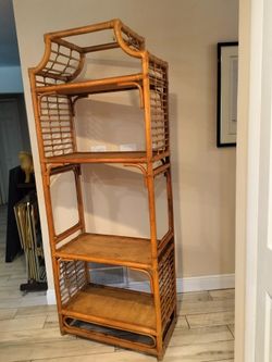 Vintage Mid-Century Pagoda Chinoserie Rattan and Wicker Etagère Bookcase,