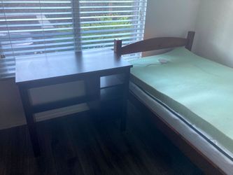Dark Brown Wooden Twin Bedframe and Desk set
