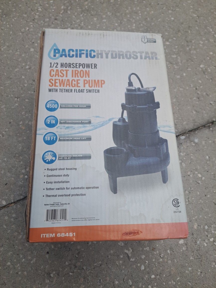 PACIFIC HYDROSTAR 1/2 HORSEPOWER CAST IRON SEWAGE PUMP WITH TETHER FLOAT SWITCH