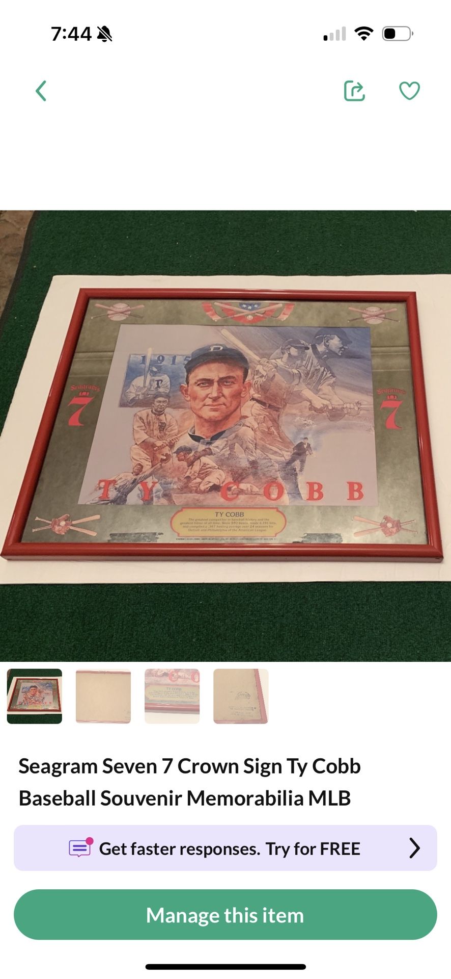 Seagram Seven 7 Crown Sign Ty Cobb Baseball Souvenir Memorabilia MLB Philadelphia Detroit