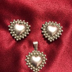 STERLING SILVER -  Heart Pendant (With matching Earrings) - 3 Pc set