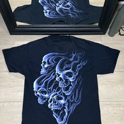 Y2K 2000s Blue Flaming Skulls Shirt