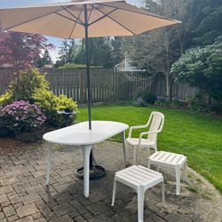 Umbrella, Cover, Base, Large Table, 2 Side Tables and, Chair