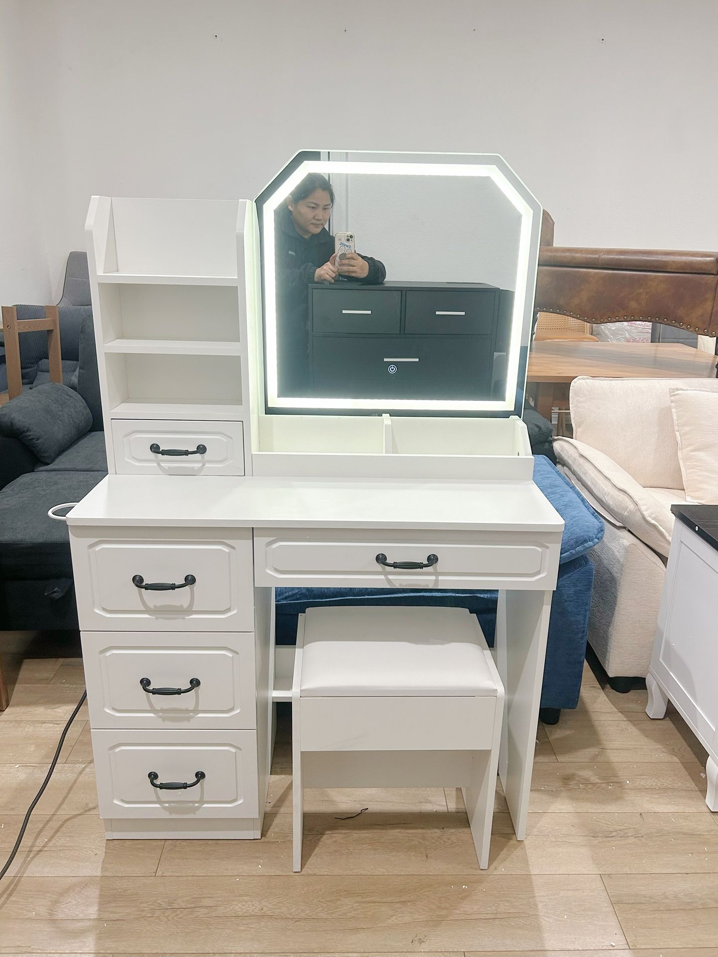 White Wooden Makeup Vanity Desk with Lighted Mirror and Lights, 35.5” inch Vanity with Lights, Make up Vanity with Drawers Vanity Dressing Table with 