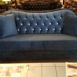 Brand New 89" Blue Or Black Modern Tufted Sofa With Faux Crystals