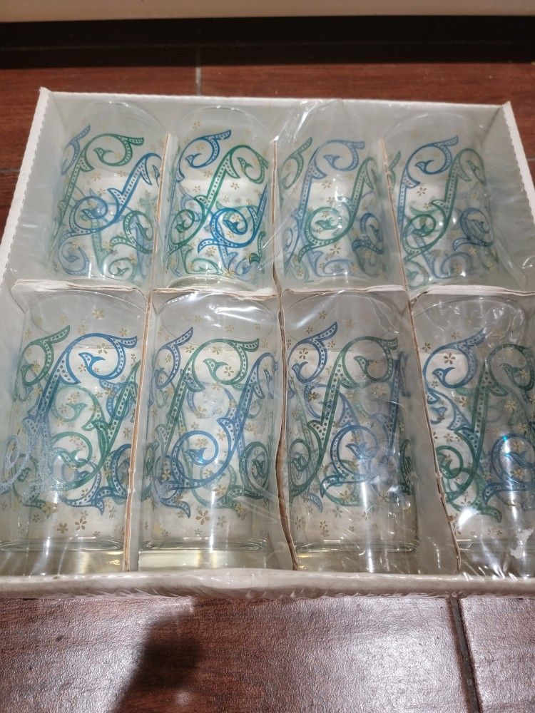 NOS Libbey Turquoise Aqua Atomic Drinking Glasses Barware MCM