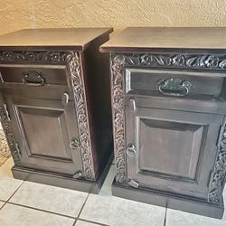 Pair Of Carved Solid Wood Nightstands 