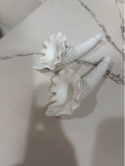 VINTAGE FENTON EPERGNE HOBNAIL MILK GLASS 2 HORN TRUMPETs