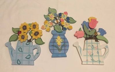Set of 3 kitchen wall plaques teapot vase flowers 3 dimensional painted wood