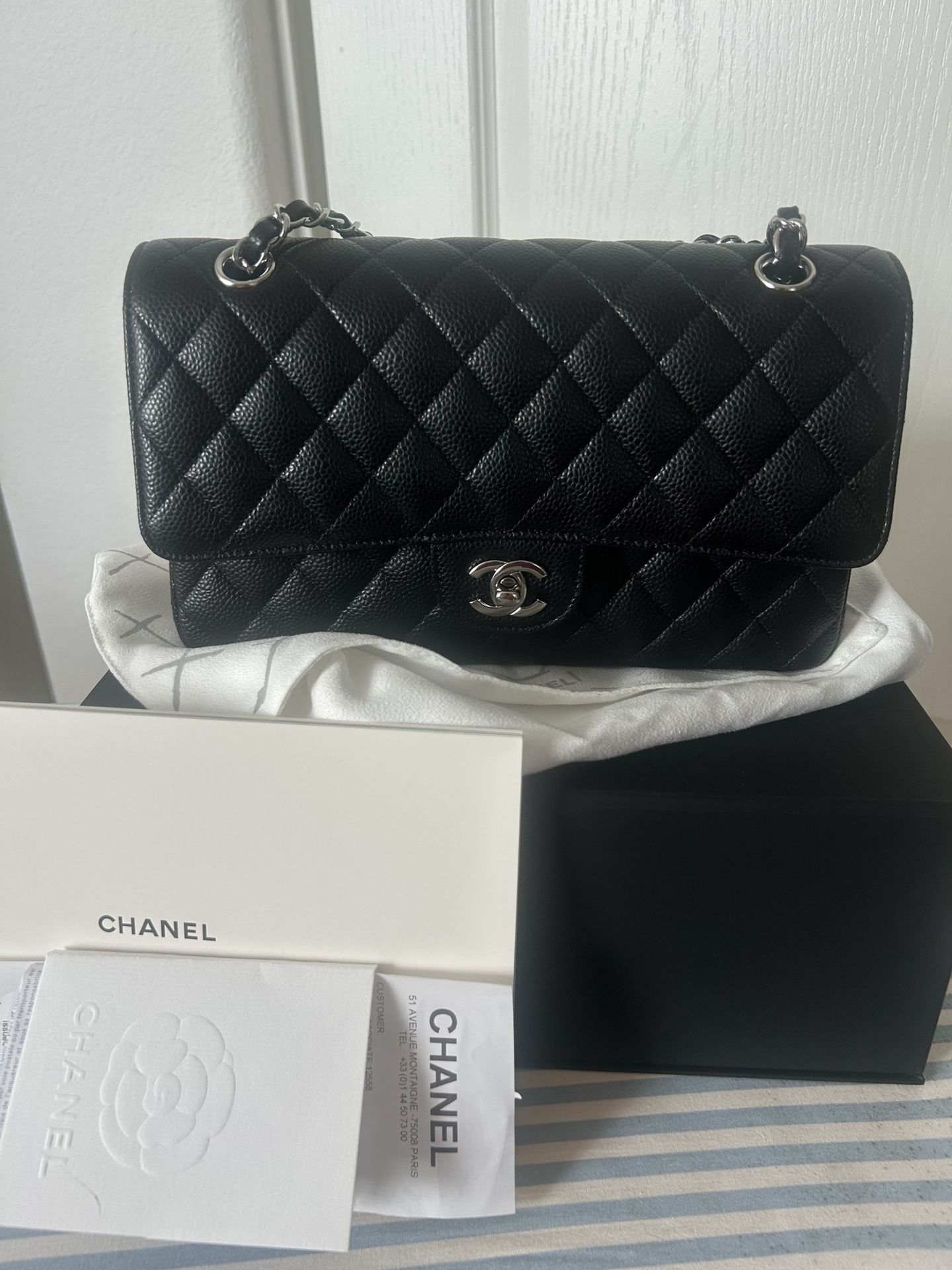 2020 CHANEL Double Flap Quilted Caviar Classic Medium black bag Silver hw