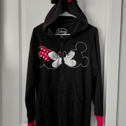 Disney Adult One Piece Footed Hoodie Micky & Minnie Mouse Pajamas S 4-6