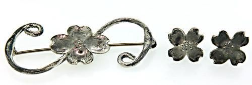 Sterling silver dogwood earrings brooch set